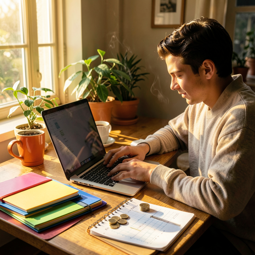 Femme souriante à son bureau calculant ses astuces pour gagner de l'argent facilement depuis chez elle
