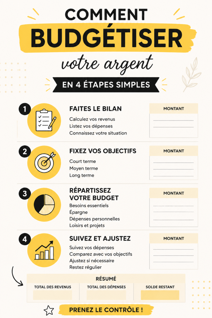 Une femme examinant ses finances avec un carnet et des factures, illustrant la gestion budgétaire.