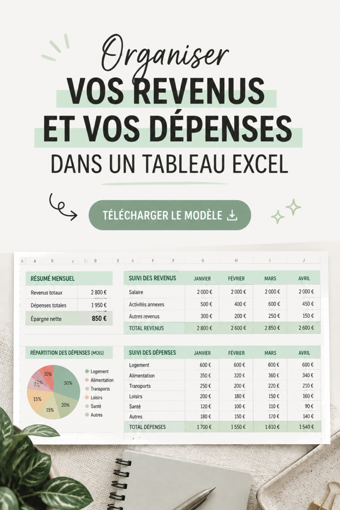 Un tableau Excel illustrant la gestion des revenus et dépenses personnelles.