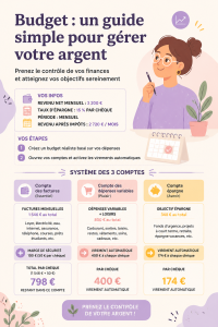 Femme souriante consultant un tableau budgétaire pour gérer ses finances.