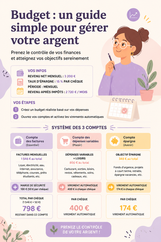 Femme souriante consultant un tableau budgétaire pour gérer ses finances.