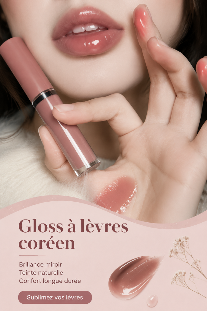Gloss coréen sur une table avec des fleurs, montrant la beauté et le soin des lèvres.