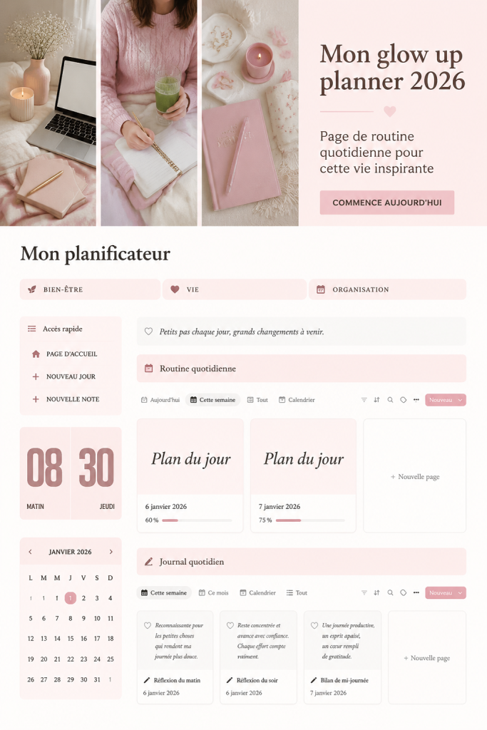 Une image d'un Glow Up Planner ouvert, rempli d'idées et d'inspiration.