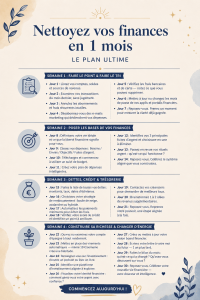 Femme souriante revisitant son budget avec des notes et un ordinateur