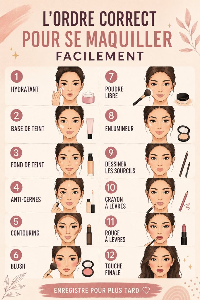 Infographie illustrant les 12 étapes de l'application de maquillage pour les débutants, avec des visuels de chaque étape.