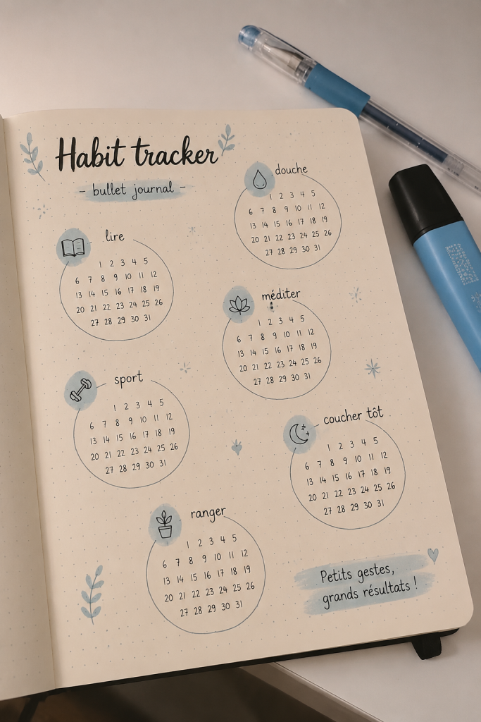 Une page de bullet journal avec un habit tracker coloré et organisé