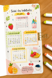 Un bullet journal ouvert avec un habit tracker inspiré des fruits.