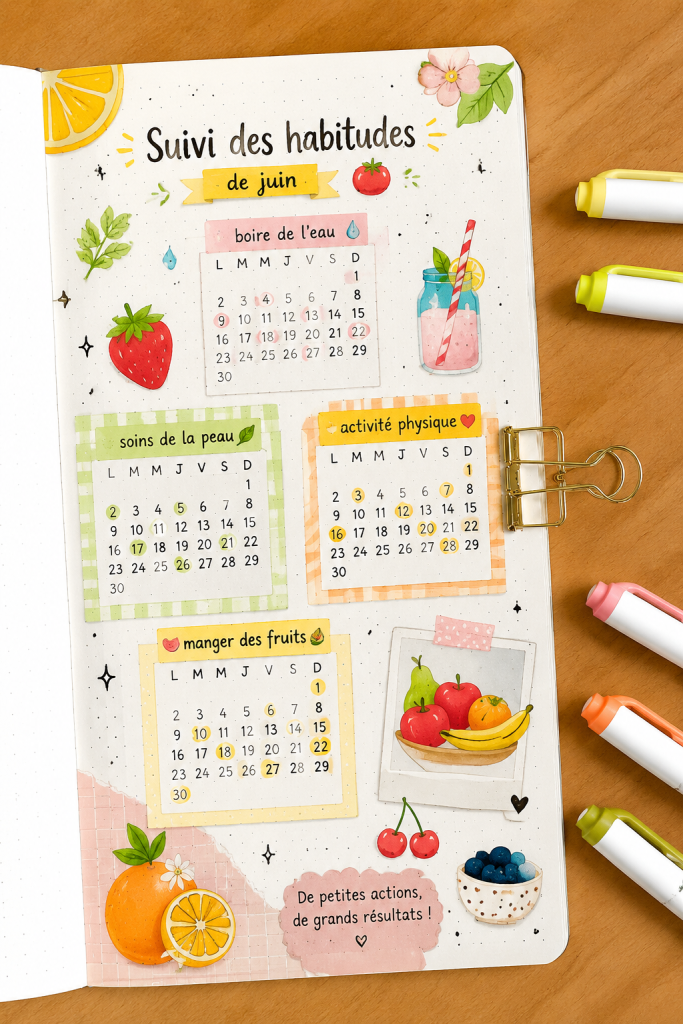 Un bullet journal ouvert avec un habit tracker inspiré des fruits.