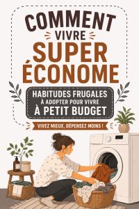 Une femme souriante dans une cuisine frugalement décorée, illustrant un mode de vie économique.