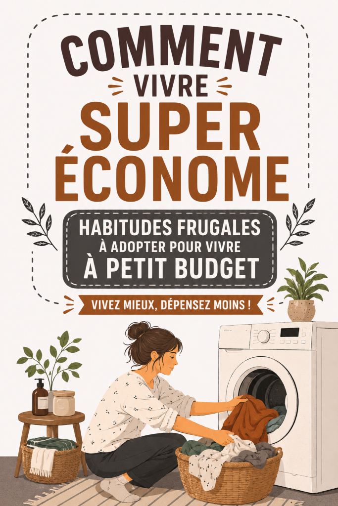 Une femme souriante dans une cuisine frugalement décorée, illustrant un mode de vie économique.