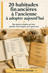 Une femme souriante feuilletant un livre sur les finances personnelles avec des notes sur les anciennes habitudes budgétaires.