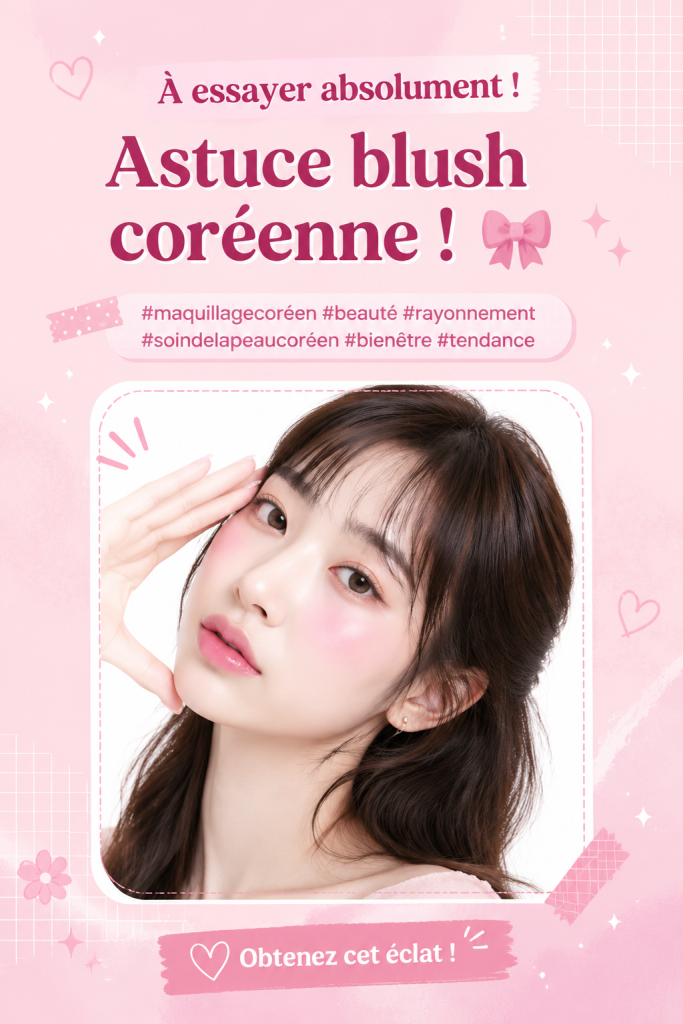 Femme utilisant un blush coréen pour un teint éclatant