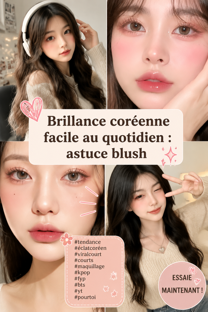 Un close-up sur un visage maquillé avec un blush coréen éclatant et naturel.