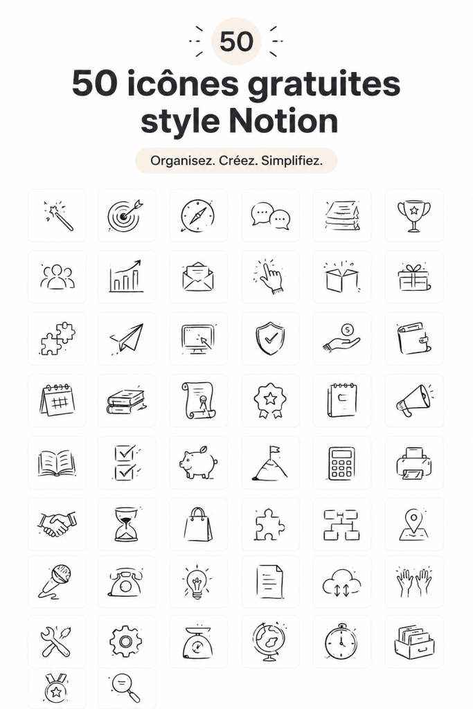 Un aperçu de 50 icônes Notion gratuites adaptées à divers projets.