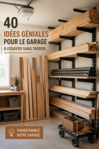 Un garage bien organisé avec des étagères et un espace de travail lumineux.