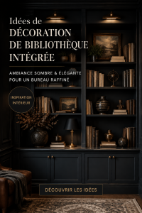 Bibliothèque intégrée au style sombre et élégant, avec des livres bien rangés et déco chaleureuse.