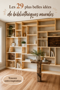 Une belle bibliothèque murale en bois avec des livres et des plantes décoratives