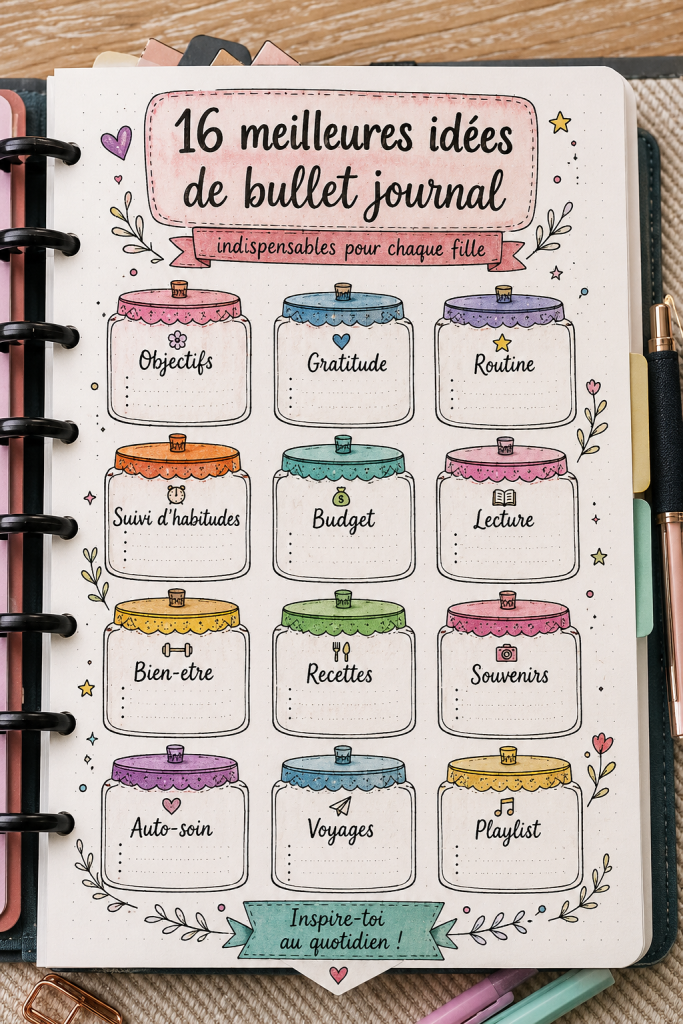 Femme tenant un Bullet Journal avec des illustrations colorées.