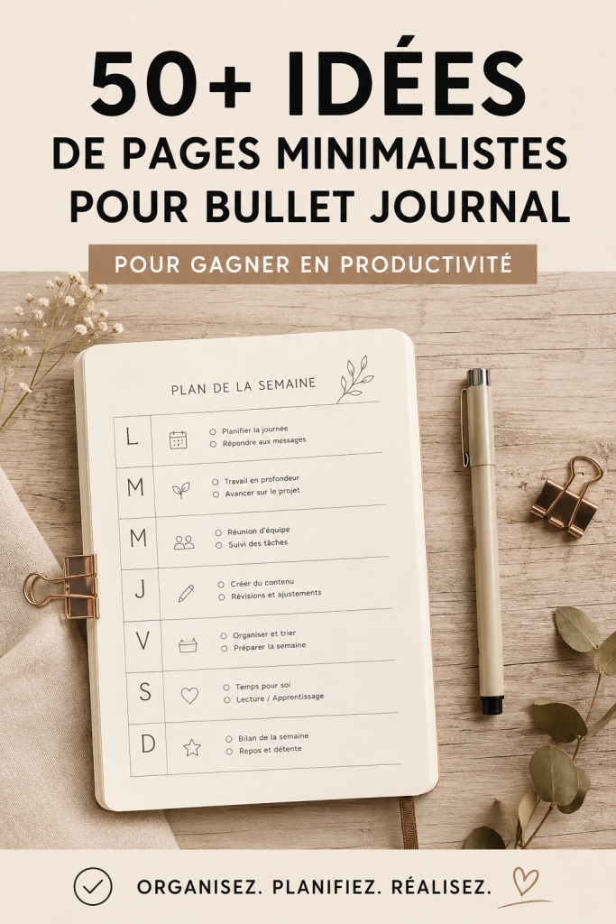 Un Bullet Journal minimaliste ouvert avec des notes et des illustrations simples.
