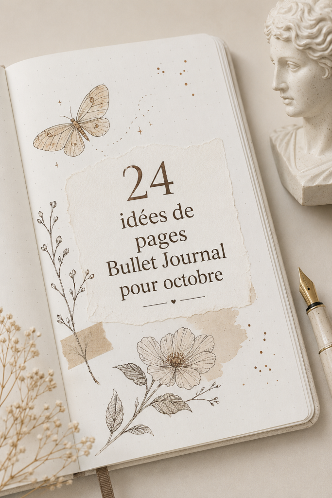 Un bullet journal ouvert avec des idées de spreads d'octobre, affichant des dessins colorés et une mise en page organisée.