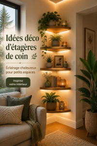 Étagère d'angle décorée avec des plantes et des accessoires lumineux dans un intérieur cozy.