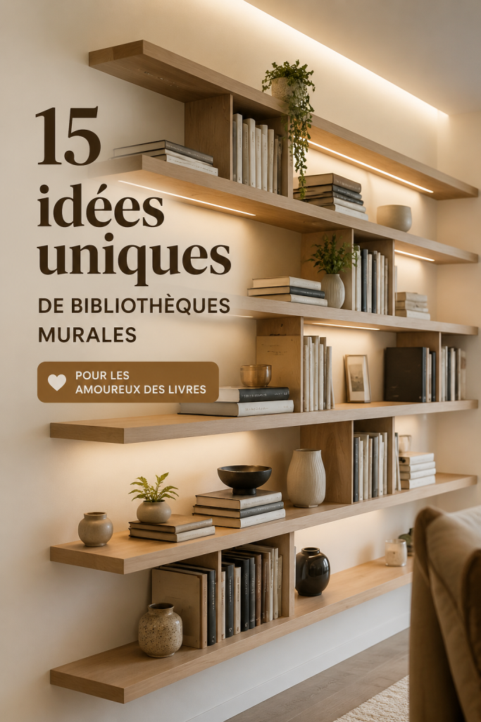 Un salon moderne avec des étagères originales et livres bien organisés.