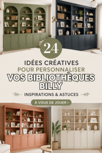Étagère Billy personnalisée avec des éléments décoratifs et des livres.