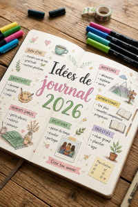 Un journal ouvert avec des pages décorées et des stylos colorés sur une table.