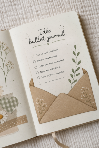 Un Bullet Journal ouvert avec des pages colorées et des stylos sur une table