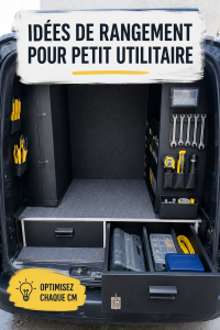 Aménagement pratique d'un fourgon avec des solutions de rangement intelligentes.