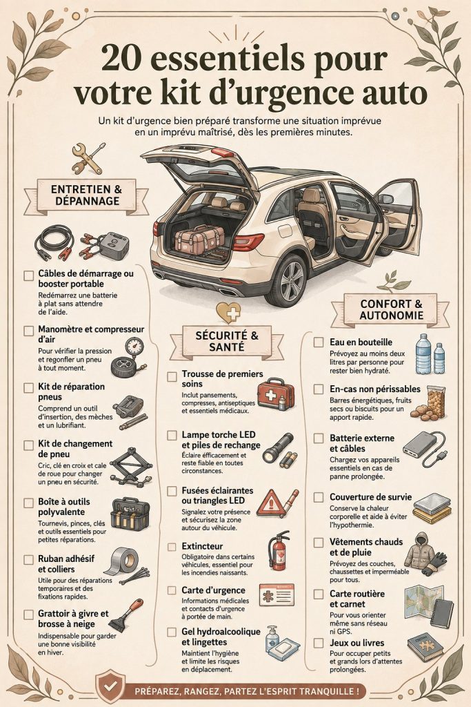 Kit d'urgence automobile avec essentiels pour la sécurité en voyage
