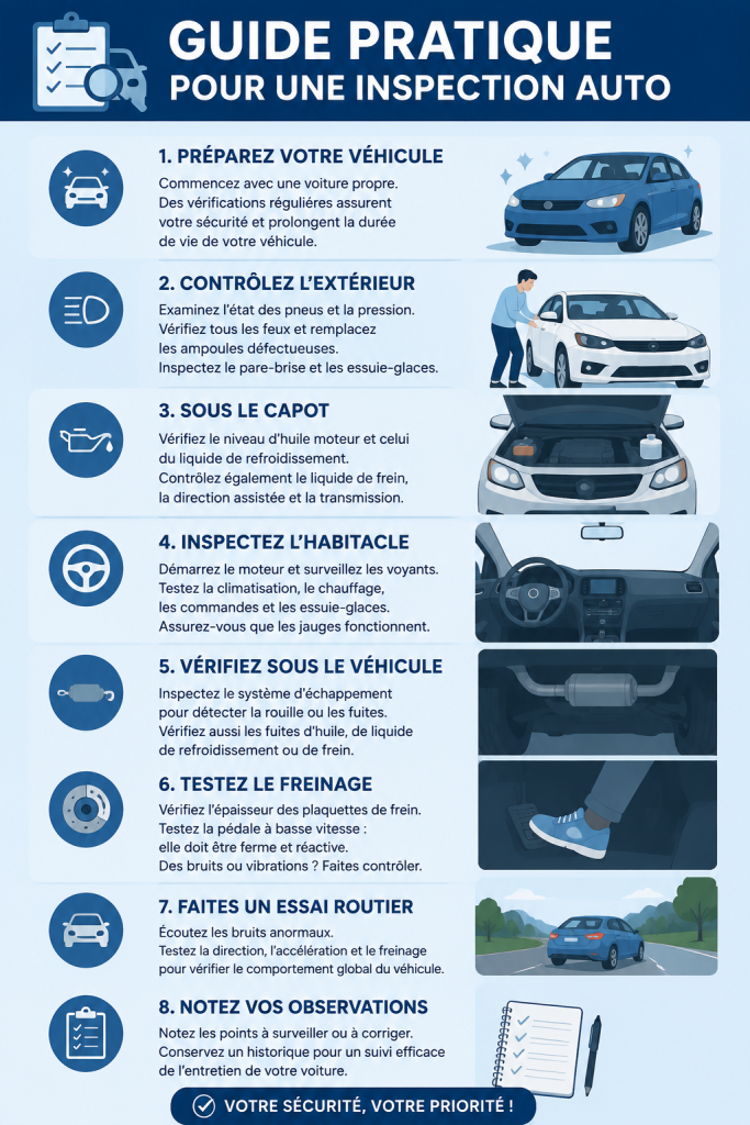 Femme vérifiant l'état des pneus de sa voiture lors d'une inspection