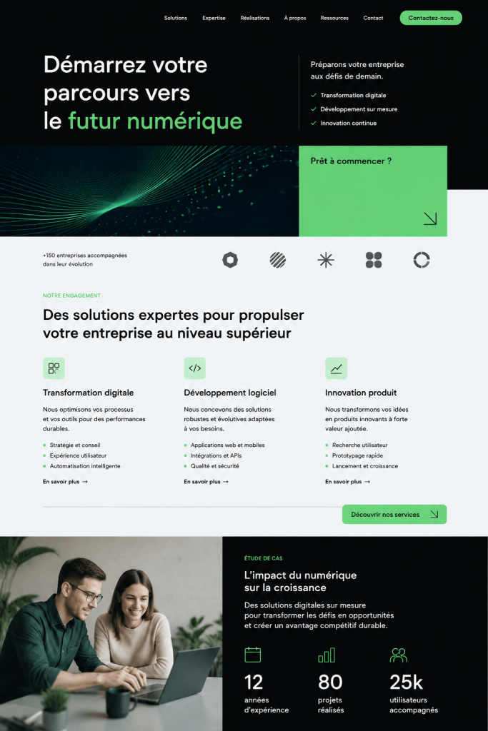 Un aperçu d'un site web corporate avec un design minimaliste et technologique