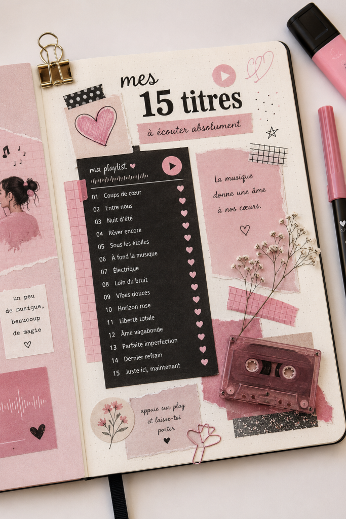 Un journal créatif inspiré par Pink, avec des couleurs vives et des designs floraux.