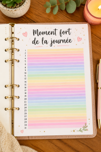 Mise en page colorée d'un journal illustré mettant en valeur des moments marquants de la journée