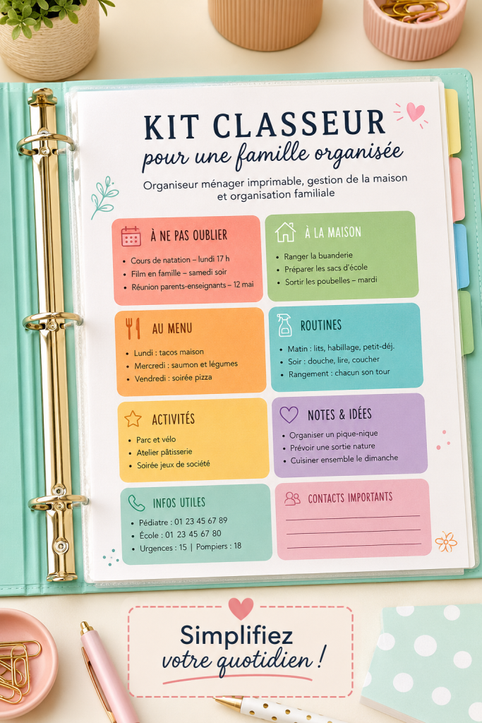 Visuel d'un kit d'organisation familiale avec des documents et des outils de gestion visibles.