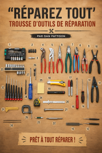 Un kit de réparation complet sur une table, prêt à l'emploi, avec outils variés et manuels d'instruction.