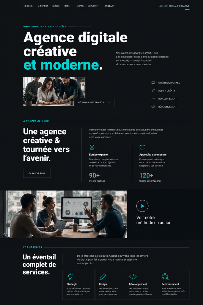 Un aperçu d'un site conçu avec un kit de template Elementor moderne pour une agence digitale.