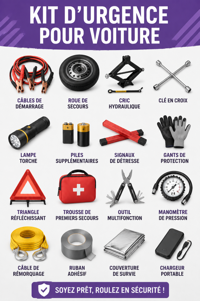Un kit d'urgence auto bien préparé sur une banquette de voiture.