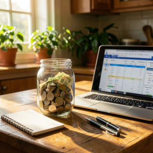 Tracker budget défi épargne 50€ posé sur une table avec un stylo et un carnet
