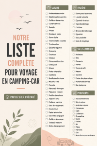 Famille heureuse préparant un voyage en camping-car avec une liste de choses à emporter.