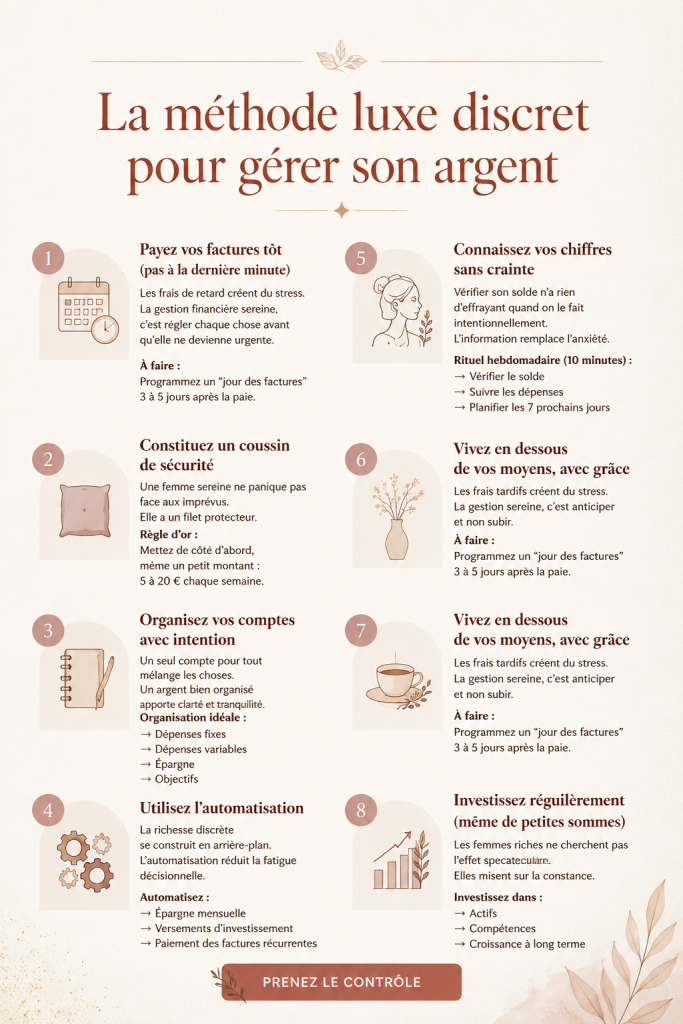 femme souriante gérant son budget avec élégance et simplicité