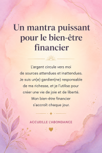 Un carnet ouvert avec un slogan inspirant sur le bien-être financier écrit dessus.