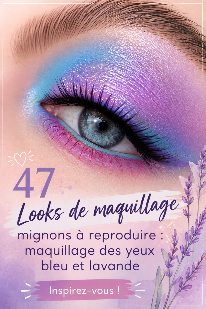 Un look de maquillage bleu et lavande aux yeux brillants et frais.