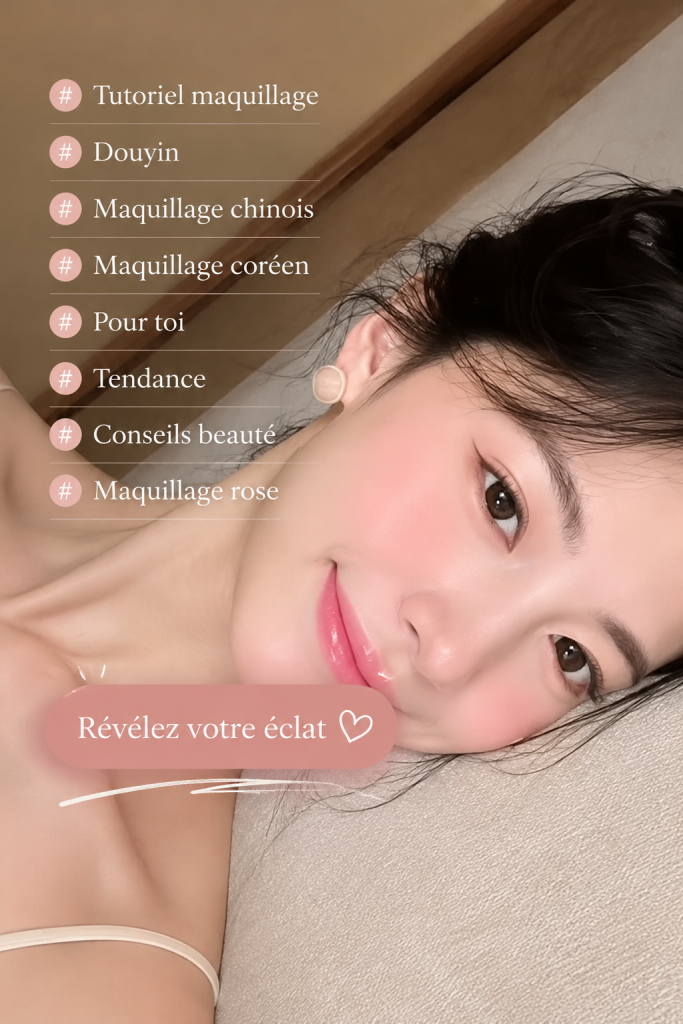 Tendance maquillage coréen rose, mettant en avant un look frais et lumineux.