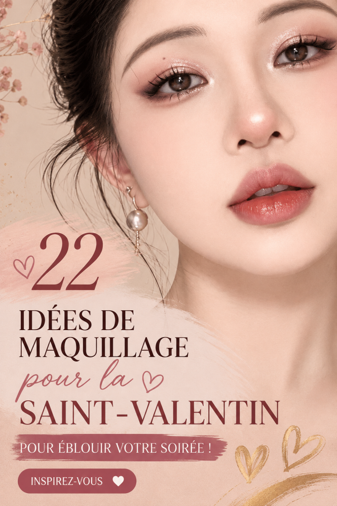 Un look de maquillage coréen élégant pour la Saint-Valentin, mettant en avant un teint lumineux et des lèvres colorées.