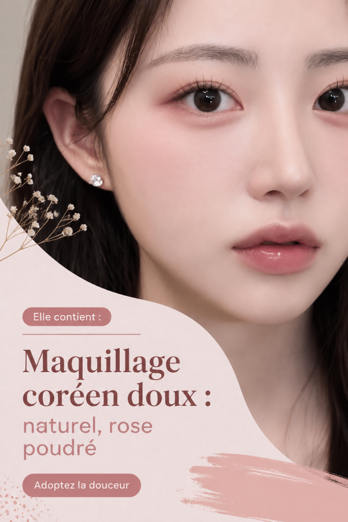 Maquillage coréen doux avec un teint naturel et des lèvres roses