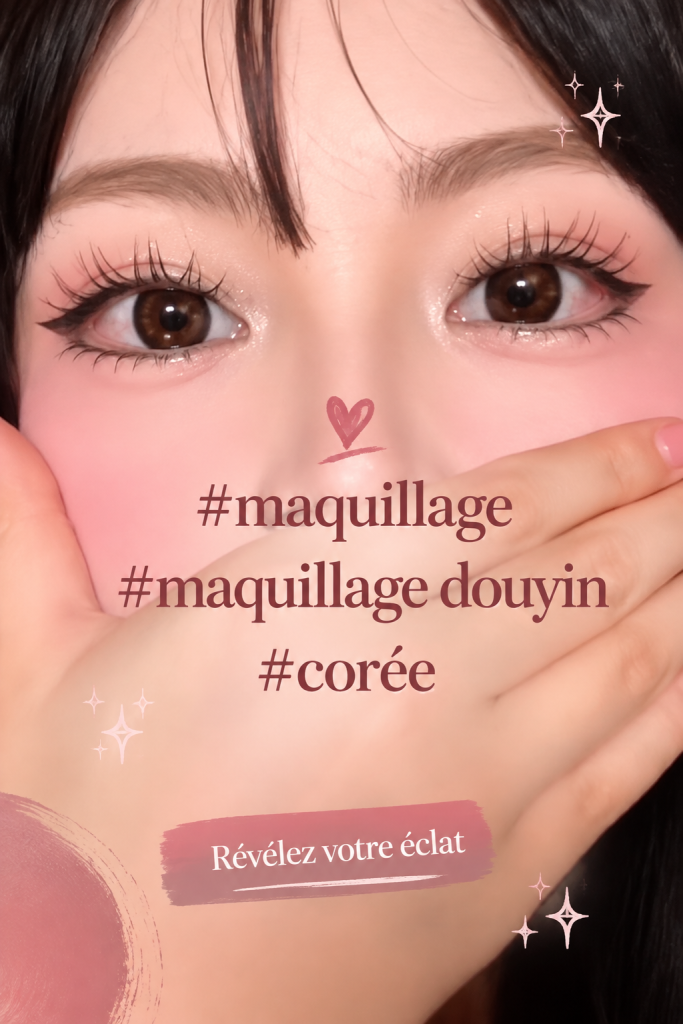 Maquillage coréen tendance avec un teint glowy et des lèvres naturelles.