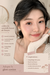Maquillage coréen lumineux avec des tons chauds sur une modèle.