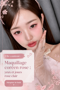Un look makeup coréen léger avec des teintes roses sur les yeux et joues.